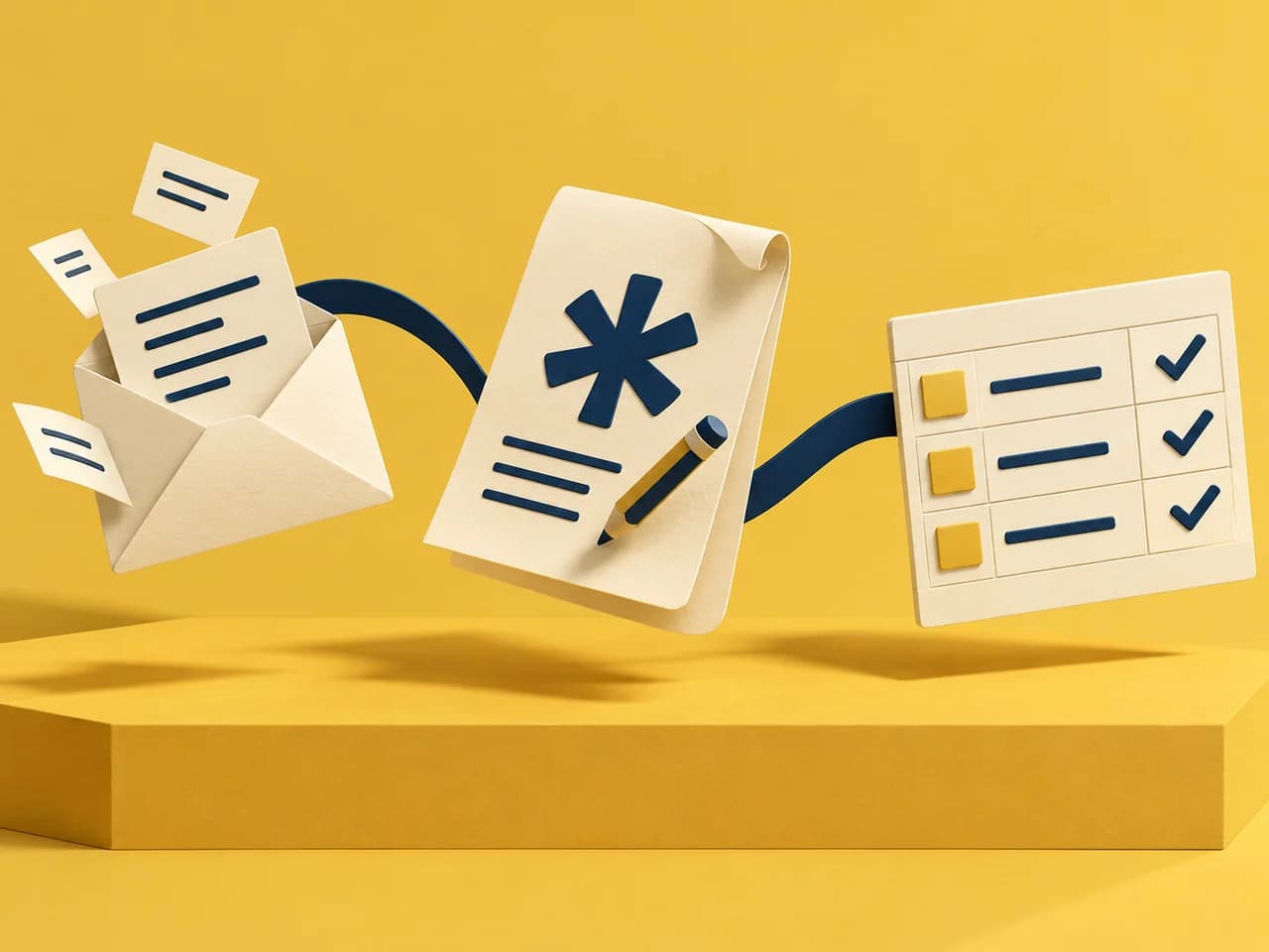 Ilustracja procesu ćwiczenia: mail, dokument i tabela połączone drogą od materiału do sprawdzonego wyniku.